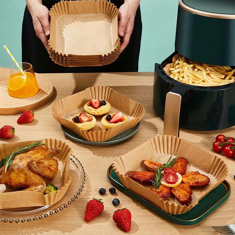 Baking Kitchen Set - กระดาษรองอบแบบใช้แล้วทิ้งสำหรับหม้อทอดไร้น้ำมัน แผ่นรองกันติด แผ่นรองอบสำหรับนึ่ง ทรงสี่เหลี่ยมและทรงกลม กระดาษไขสำหรับเตาไมโครเวฟและอุปกรณ์ทำอาหารในครัว